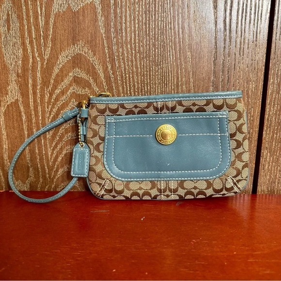 Coach Handbags - Coach Teal Monogram Wristlet Leather Canvas Small Purse Zip Pouch Cosmetic bag